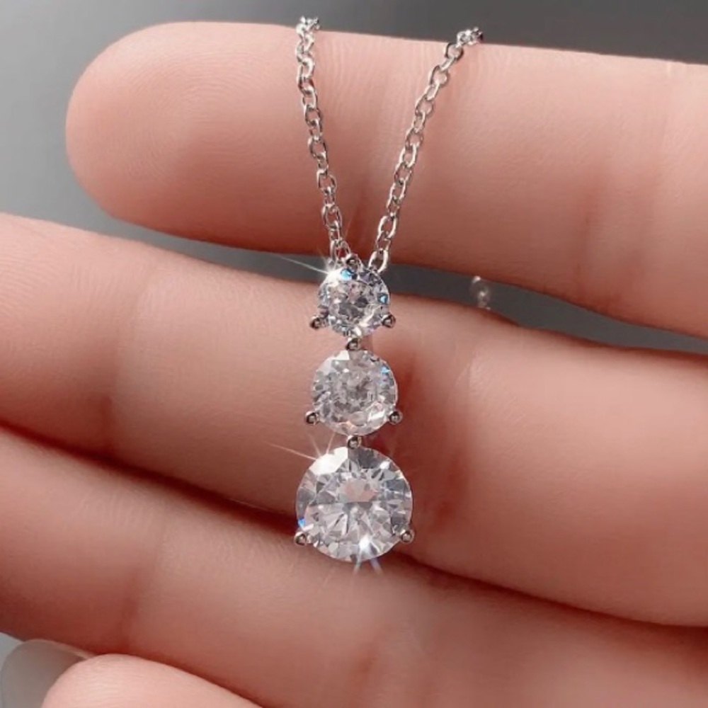 Sterling Silver Zircon Diamond Past, Present, Future 3 Solitaire Stone Necklace